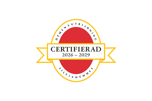 Röd och gul certifieringslogotyp med texten "Certifierad 2026–2029" och "Demensutbildning Silviahemmet